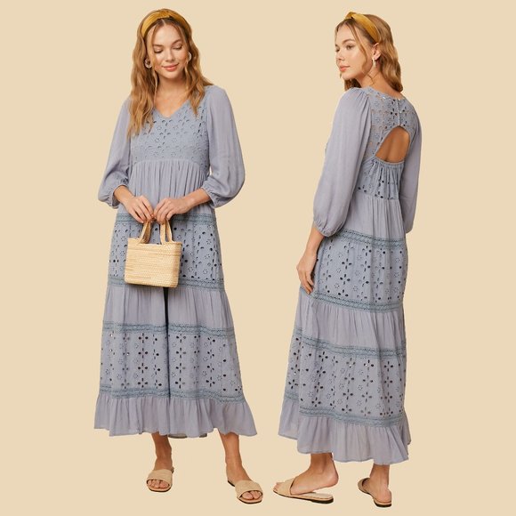 Listicle Misty Blue Maxi Dress NWT • Rayon Long Sleeve Boho Textured Embroidered - Picture 1 of 13